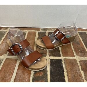 Yokono Brown Leather Sandals Cork Wedge Heel Double Strap Buckle Shoes Women's 8